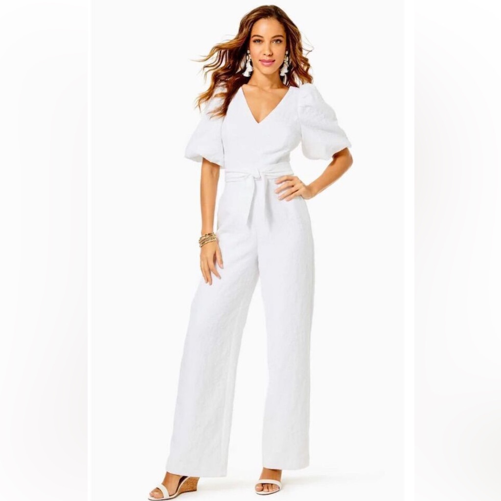 Nwt! Lilly Pulitzer Sz 6, Resort White Pucker Jacquard Kirrabelle S/S Jumpsuit.
